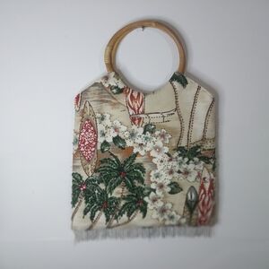Mystique Boutique Floral and Palm Tote with Wooden Handle. Hand Made Rayon